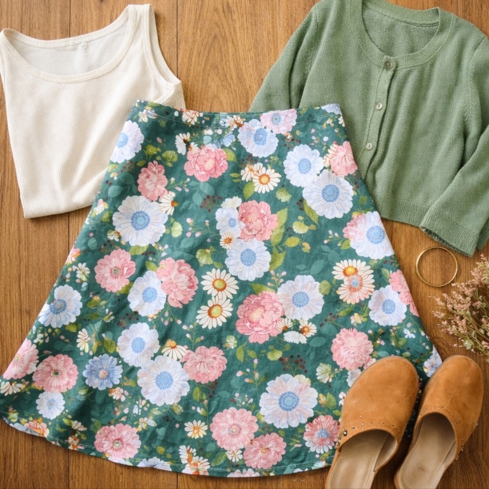 Haystacks Reversible Floral Bias Skirt | Blue Toile & Green Garden Print | Small